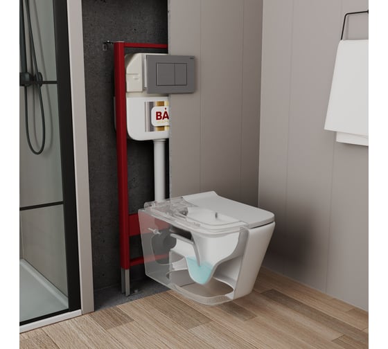 Изображение товара Рамная инсталляция для подвесного унитаза Bauedge BAU NEO 45 кнопка смыва BAU Stil антивандальная для системы двойного слива, нержавеющая сталь, сатин NEO45700-Q00009