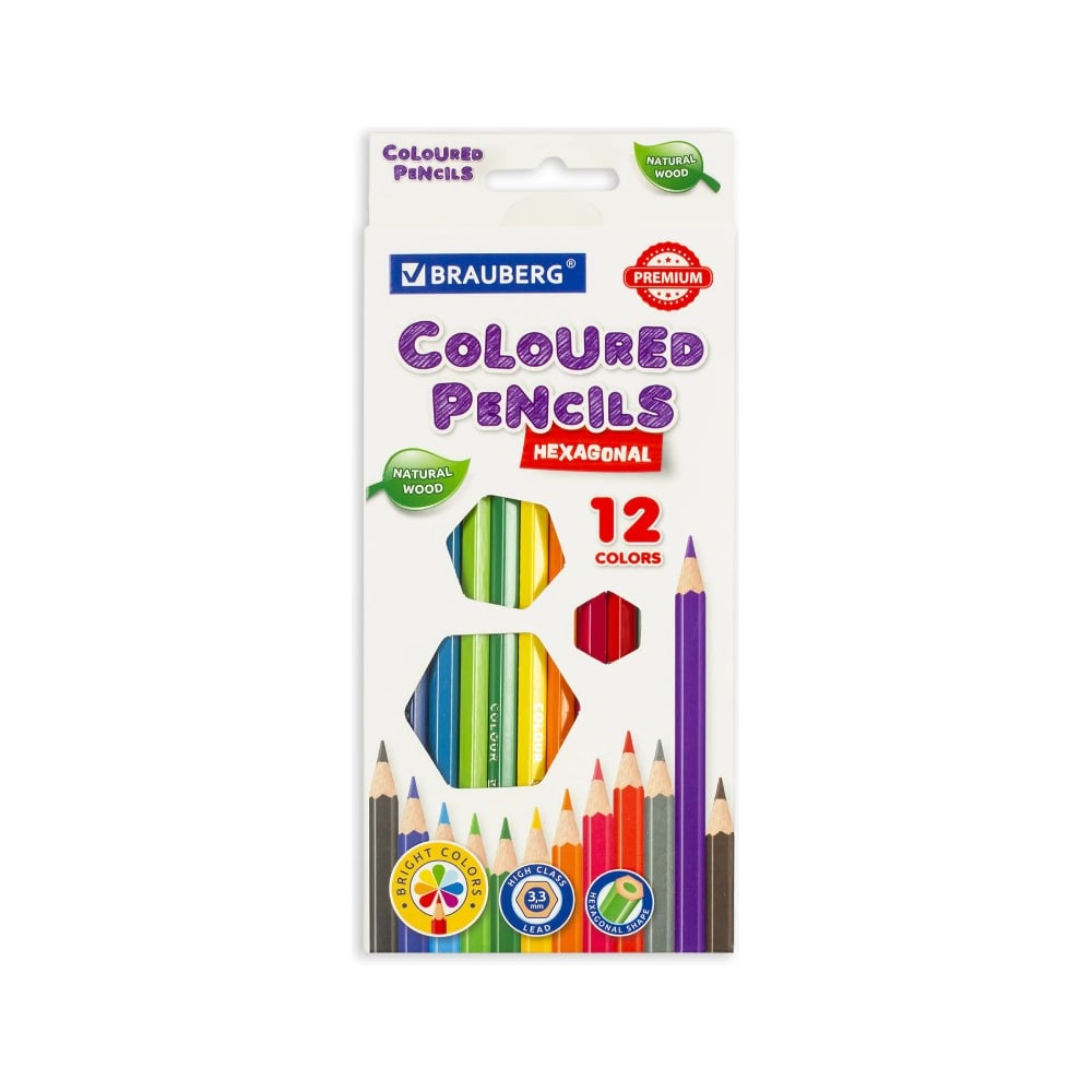 Шестигранные цветные карандаши BRAUBERG карандаши 12 цветов заточенные шестигранные картонная упаковка европодвес маша и медведь