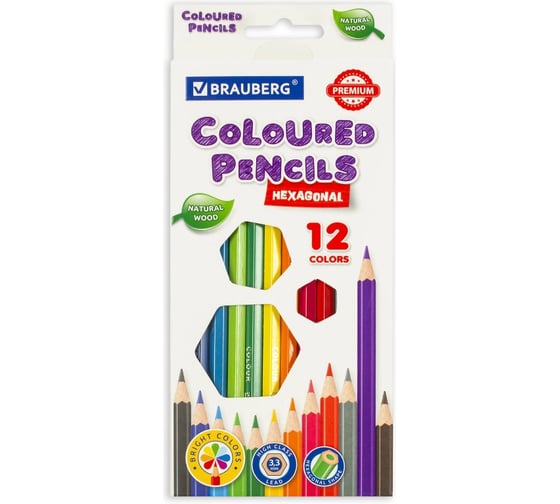 Изображение товара Карандаши цветные 12 шт в упаковке BRAUBERG PREMIUM 12 цветов шестигранные грифель мягкий 33 мм  181656