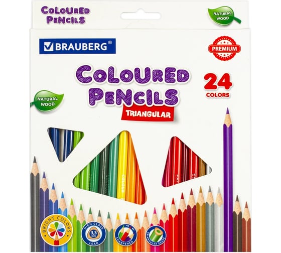 Изображение товара Цветные карандаши BRAUBERG PREMIUM, 24 цвета, трехгранные, грифель мягкий 3,3 мм 181653