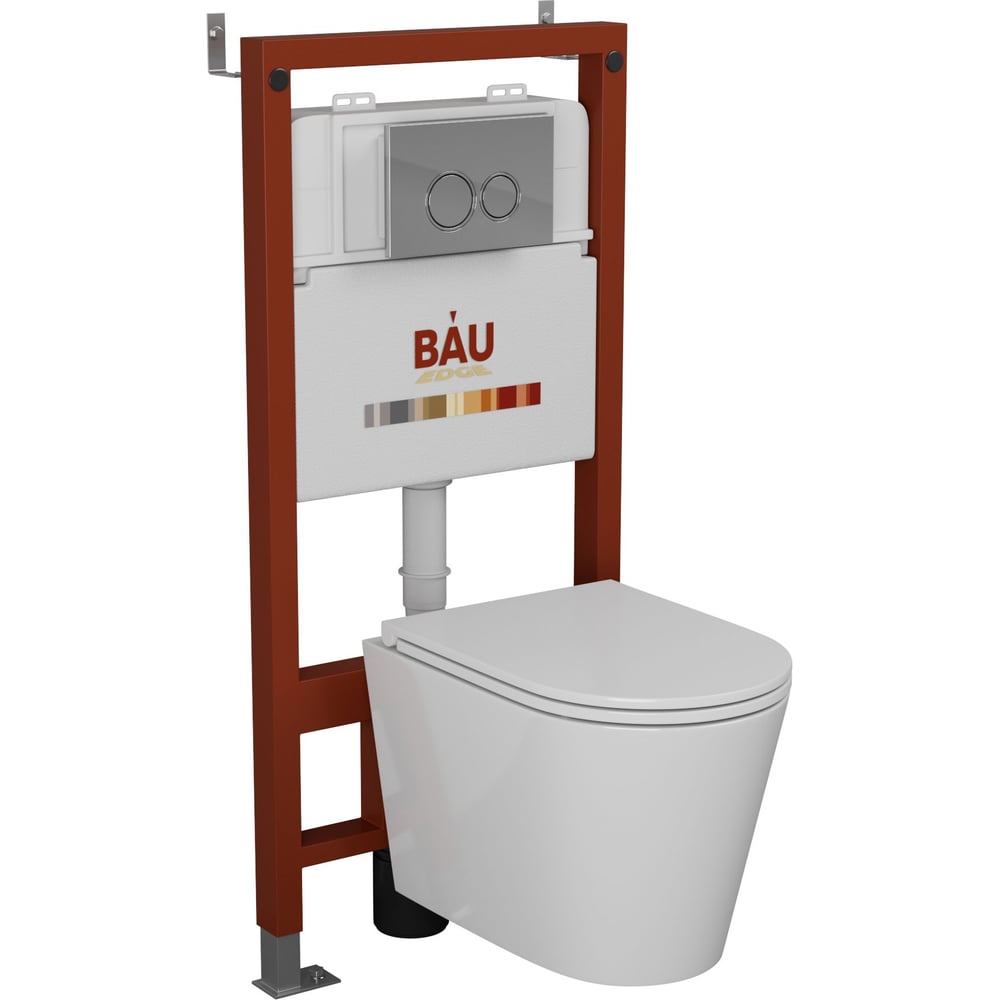 Комплект Bauedge BAU 6 в 1: инсталляция BAU PRO, унитаз подвесной безободковый торнадо обратного потока Bau Nimb Hurricane-2, быстросъемное тонкое сиденье дюропласт микролифт, клавиша BASIC хром Q111300-BK0001-HQ2-01.02.19