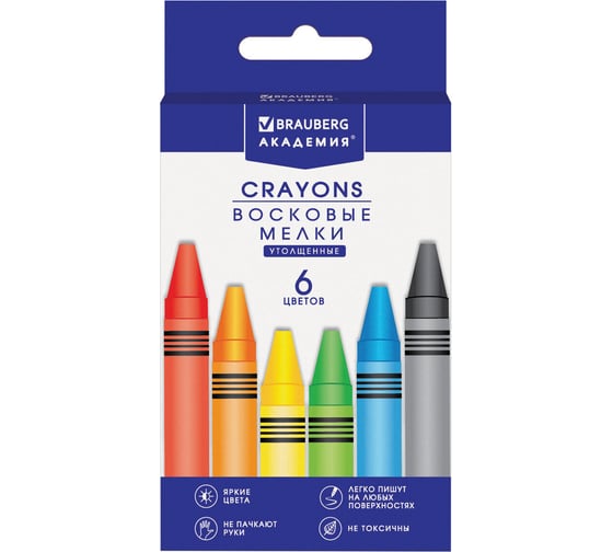 Изображение товара Восковые карандаши BRAUBERG утолщенные "АКАДЕМИЯ" НАБОР 6 цв. 227286