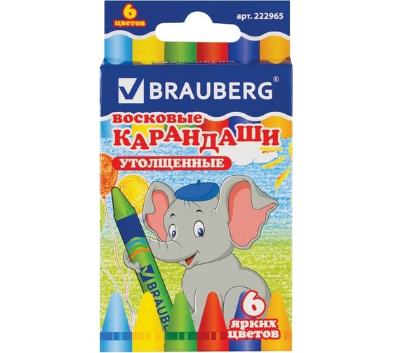 Изображение товара Восковые карандаши 24 шт в упаковке BRAUBERG утолщенные  НАБОР 6 цветов  222965