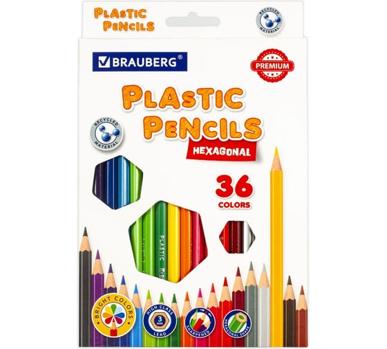 Изображение товара Цветные карандаши BRAUBERG PREMIUM пластиковые, 36 цветов, шестигранные, грифель мягкий 3 мм 181669