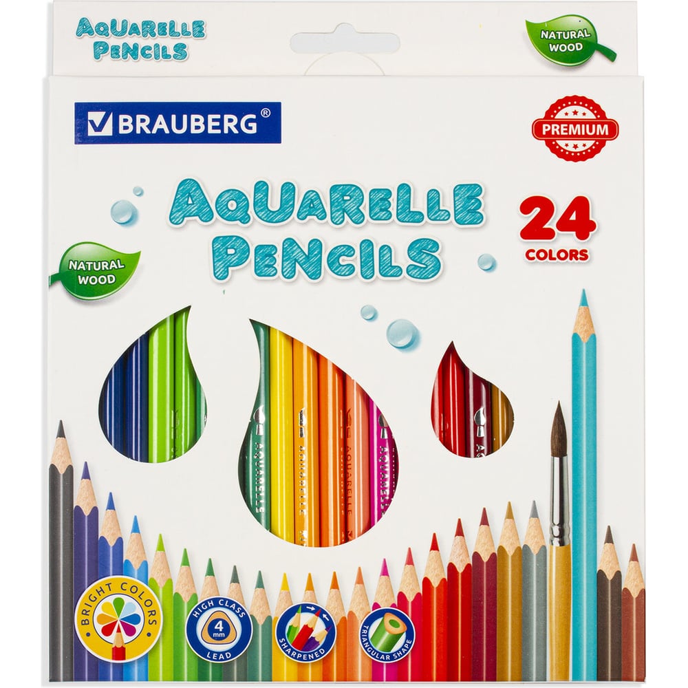 Изображение товара Цветные карандаши BRAUBERG PREMIUM AQUARELLE акварельные, 24 цвета, грифель мягкий 4 мм 181673