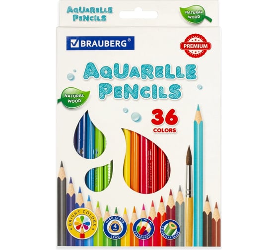 Изображение товара Цветные карандаши BRAUBERG PREMIUM AQUARELLE акварельные, 36 цветов, грифель мягкий 4 мм 181674