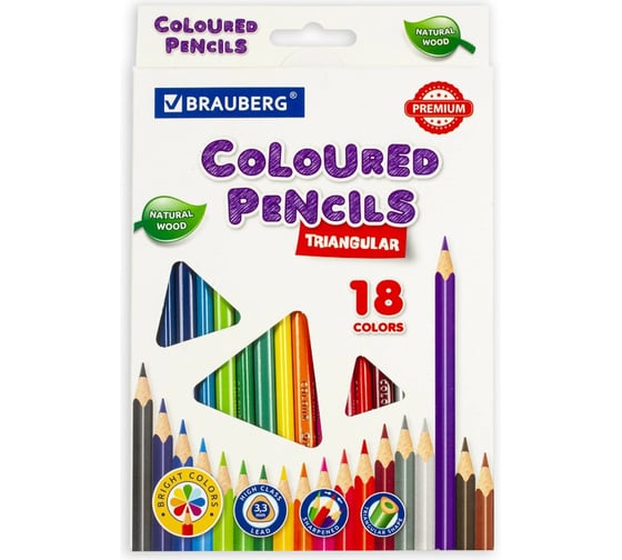 Изображение товара Цветные карандаши BRAUBERG PREMIUM 18 цветов, трехгранные, грифель мягкий 3,3 мм 181652