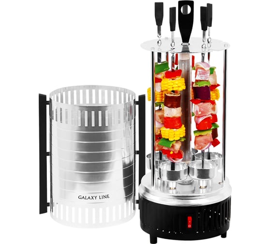 Изображение товара Электрошашлычница Galaxy LINE GL 2610, серый, 1000 Вт, 5 шампуров, автоматическое вращение шампуров на 360, защитный кожух из пищевого алюминия 7021526100