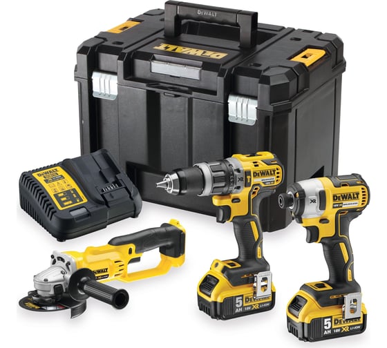 Изображение товара Набор электроинструмента Dewalt 18 В: дрель-шуруповерт DCD796, шуруповерт DCF887 и УШМ DCG412, с 2 АКБ 5 Ач и ЗУ, в кейсе TSTAK, DCK383P2T DCK383P2T-QW