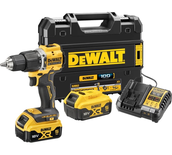 Изображение товара Аккумуляторная ударная дрель-шуруповерт DEWALT 18 В, 1650 об/мин, 28050 уд/мин, с 2 АКБ 5 Ач и ЗУ, в кейсе TSTAK DCD100YP2T DCD100YP2T-QW