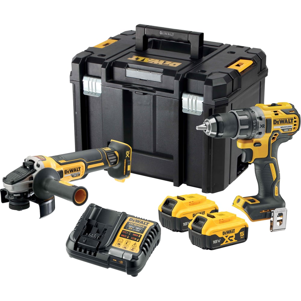 Изображение товара Набор электроинструмента Dewalt DCK2020P2T, 18 В: ударная дрель-шуруповерт DCD791 и угловая шлифмашина DCG405, с 2 АКБ 5 Ач и ЗУ, в кейсе TSTAK, DCK2020P2T-QW