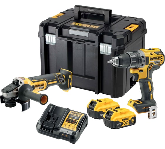 Изображение товара Набор электроинструмента Dewalt DCK2020P2T, 18 В: ударная дрель-шуруповерт DCD791 и угловая шлифмашина DCG405, с 2 АКБ 5 Ач и ЗУ, в кейсе TSTAK, DCK2020P2T-QW
