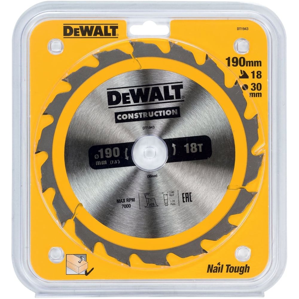 Изображение товара Пильный диск DEWALT CONSTRUCTION DT1943, 190/30 мм, 18Z DT1943-QZ