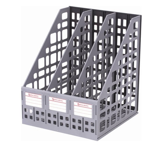 Изображение товара Вертикальный лоток для бумаг BRAUBERG MAXI Plus 240 мм 3 отделения сетчатый сборный серый 237014