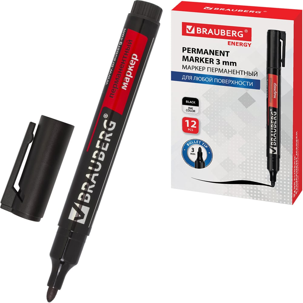 Изображение товара Перманентный маркер BRAUBERG Energy черный, 3 мм, 12 шт набор