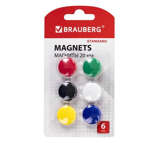 Изображение товара Магниты BRAUBERG МАЛОГО ДИАМЕТРА 20 мм НАБОР 6 шт ассорти STANDARD упаковка 24 шт 237469