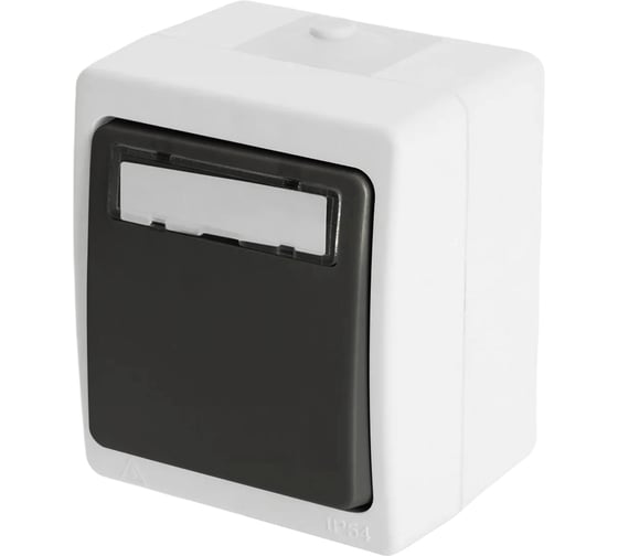 Изображение товара Выключатель 1-клавишный STEKKER c окном для маркировки, PSW10-114-54, открытой установки, 250В, 10А, IP54, серый/графит, 49723