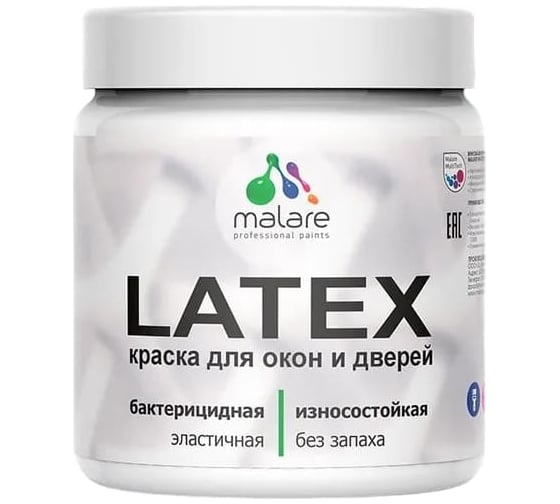 Изображение товара Резиновая краска для дверей и окон MALARE Latex по дереву, с антисептическим эффектом, моющаяся, без запаха, полуглянцевая, кирпичный, 0.5 кг 4660504709340