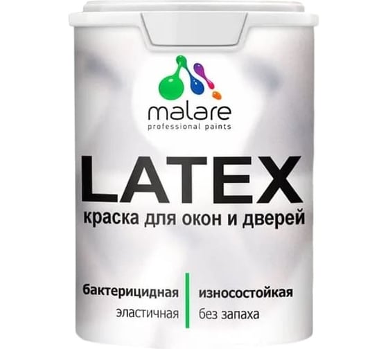 Изображение товара Резиновая краска для дверей и окон MALARE Latex по дереву, с антисептическим эффектом, моющаяся, без запаха, полуглянцевая, кирпичный, 2 кг 4660504709371
