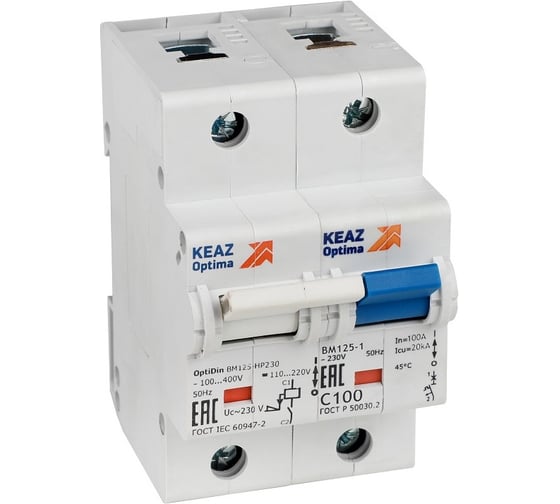 Изображение товара Выключатель автоматический КЭАЗ модульный с независимым расцепителем OptiDin BM125-2C100-НР-8In-УХЛ3 336368