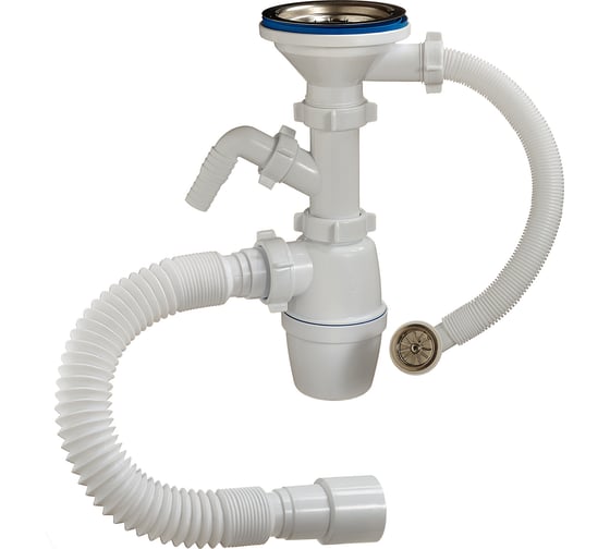 Изображение товара Бутылочный сифон ORIO 3 1/2 40 для керамической мойки, с отводом, с круглым переливом, гибкой трубой 40-40/50 А-5011
