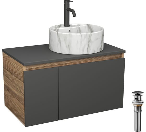 Изображение товара Комплект Bauedge тумба подвесная Bau Dream Blackwood графит 80, 1 ящик, дверца слева, раковина круглая накладная BAU Element D41, мрамор, смеситель Hotel Dre BD3078