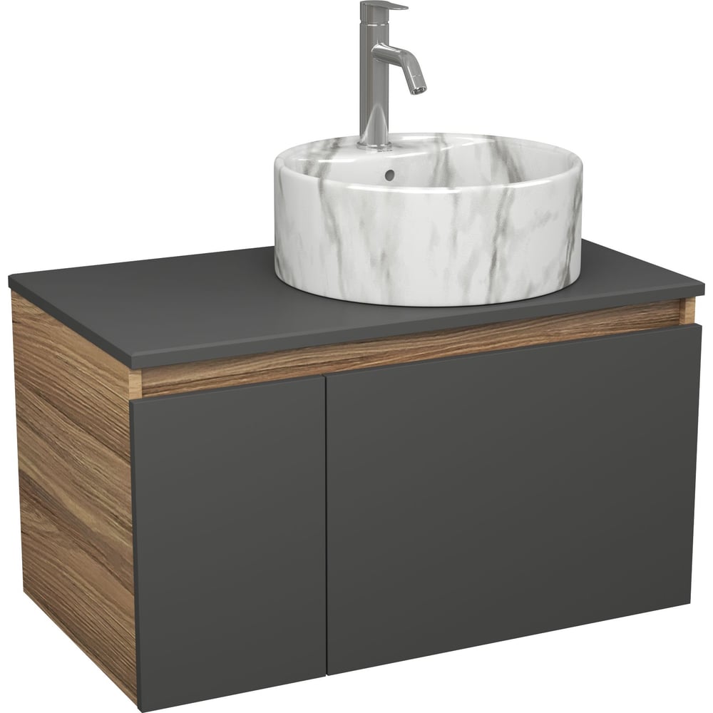 Комплект Bauedge тумба подвесная Bau Dream Blackwood графит 80, 1 ящик, дверца слева, раковина круглая накладная BAU Element D41, мрамор, смеситель Hotel Dre BD3068