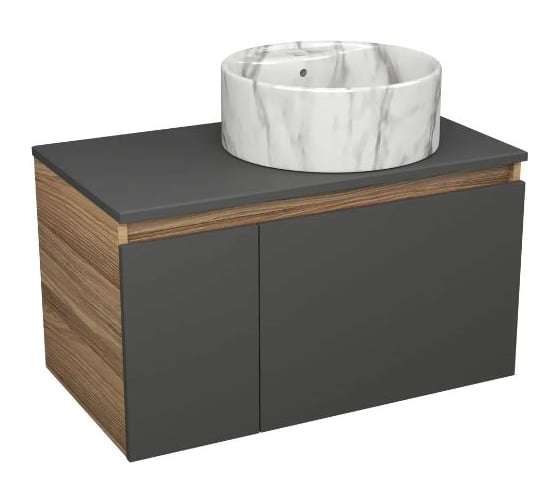 Изображение товара Комплект Bauedge тумба подвесная Bau Dream Blackwood графит 80, 1 ящик, дверца слева, раковина круглая накладная BAU Element D41, мрамор, выпуск клик клак хр BD3072