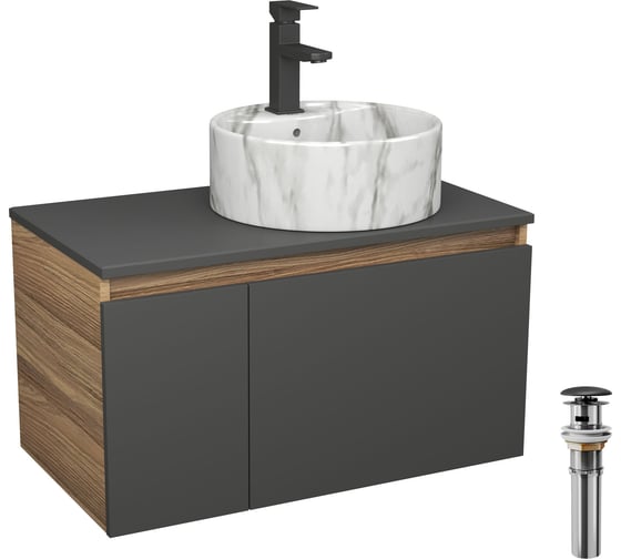 Изображение товара Комплект Bauedge тумба подвесная Bau Dream Blackwood графит 80, 1 ящик, дверца слева, раковина круглая накладная BAU Element D41, мрамор, смеситель Hotel Bla BD3075