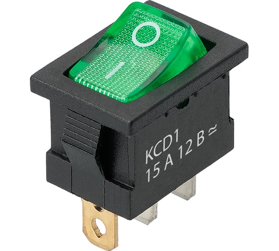 Изображение товара Выключатель клавишный TDM ELECTRIC KCD1-101N 12В AC/DC, 1P, 15А, (3с), ON-OFF, черный корпус, зеленая клавиша, LED подсветка, Mini TDМ SQ0746-0134