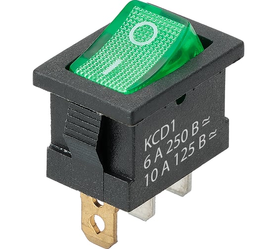 Изображение товара Выключатель клавишный TDM ELECTRIC KCD1-101N 250В AC/DC, 1P, 6А, (3с), ON-OFF, черный корпус, зеленая клавиша, LED, Mini TDM SQ0746-0135