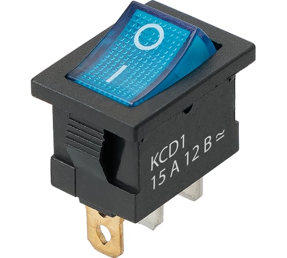 Изображение товара Выключатель клавишный TDM ELECTRIC KCD1-101N 12В AC/DC, 1P, 15А, (3с), ON-OFF, черный корпус, синяя клавиша, LED, Mini TDM SQ0746-0132