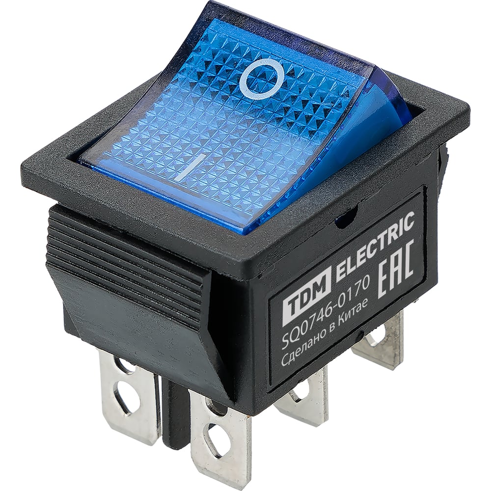 Изображение товара Выключатель клавишный TDM ELECTRIC KCD4-202N 250В AC/DC, 2P, 15А, (6с), ON-ON, черный корпус, синяя клавиша, LED TDM SQ0746-0170