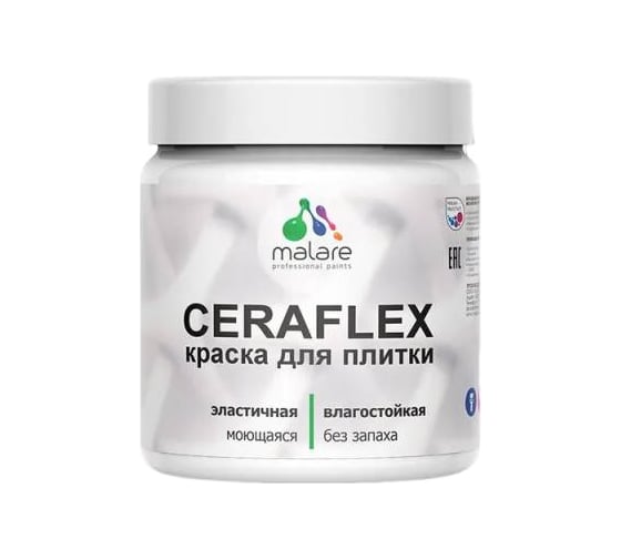 Изображение товара Резиновая краска для плитки MALARE Ceraflex для керамической и кафельной плитки, моющаяся, без запаха, полуглянцевая, летний бриз, 0.5 кг 4660504713507