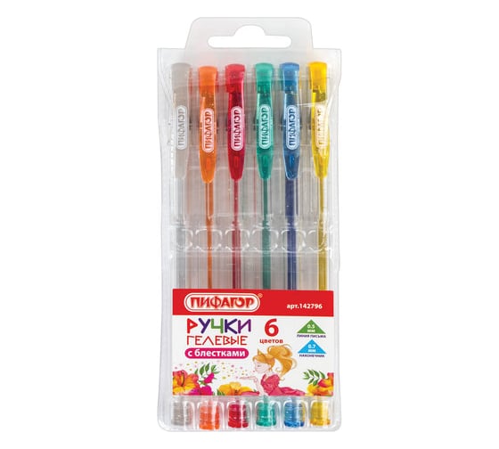 Изображение товара Ручки 24 шт в упаковке Пифагор гелевые НАБОР 6 шт. АССОРТИ с БЛЕСТКАМИ узел 07мм линия 05мм  142796