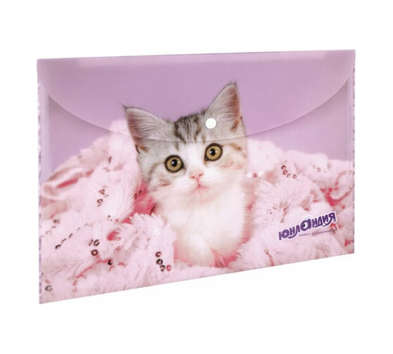 Изображение товара Папка-конверт ЮНЛАНДИЯ с кнопкой "Котенок" А4 160 мкм до 100 листов цветная печать 12 шт 228049