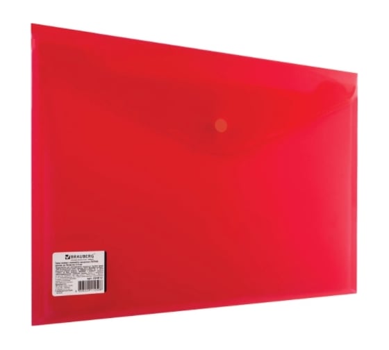 Изображение товара Папка-конверт 10 шт в упаковке BRAUBERG с кнопкой А4 до 100 л прозрачная красная СВЕРХПРОЧНАЯ 018 мм 224812