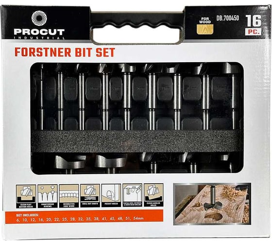 Изображение товара Набор свёрл форстнера HSS 16 шт (6;10;12;16;20;22;25;28;32;35;38;41;45;48;51;54), 3/8 дюйма PROCUT DB.700450