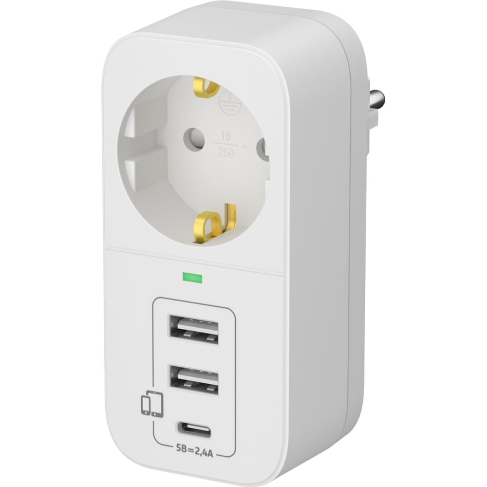 Изображение товара Адаптер сетевой ФОТОН AM 16-1E-USB/A2C1, 16А, с заземл., 2 USB-A + USB-C, 2,4A, белый 25726
