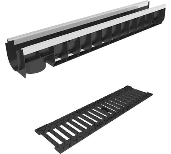 Изображение товара Лоток водоотводный пластиковый усиленный Gidrolica DN100, высота 138 мм, с чугунной щелевой решеткой и металлическим крепежом в комплекте класс С250 8004506