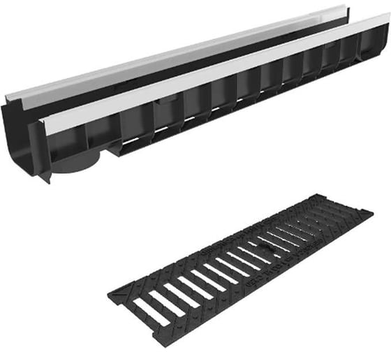 Изображение товара Лоток водоотводный пластиковый усиленный Gidrolica DN100 высота 123 мм с чугунной щелевой решеткой и металлическим крепежом в комплекте класс С250 8014506