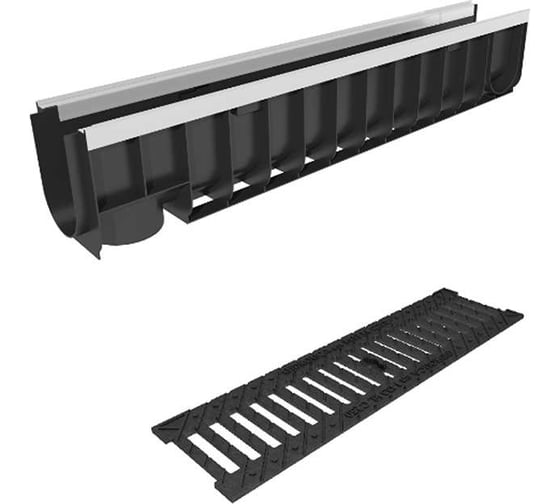 Изображение товара Лоток водоотводный пластиковый усиленный Gidrolica DN100, высота 187 мм, с чугунной щелевой решеткой и металлическим крепежом в комплекте класс С250 8024506