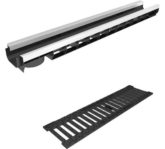 Изображение товара Лоток водоотводный пластиковый усиленный Gidrolica DN100, высота 83 мм, с чугунной щелевой решеткой и металлическим крепежом в комплекте класс С250 8034506