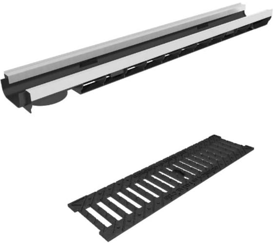 Изображение товара Лоток водоотводный пластиковый усиленный Gidrolica DN100, высота 66 мм, с чугунной щелевой решеткой и металлическим крепежом в комплекте класс С250 8054506