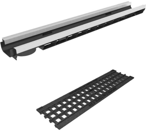 Изображение товара Лоток водоотводный пластиковый усиленный Gidrolica DN100, высота 66 мм, с чугунной ячеистой решеткой и металлическим крепежом в комплекте класс С250 8054507