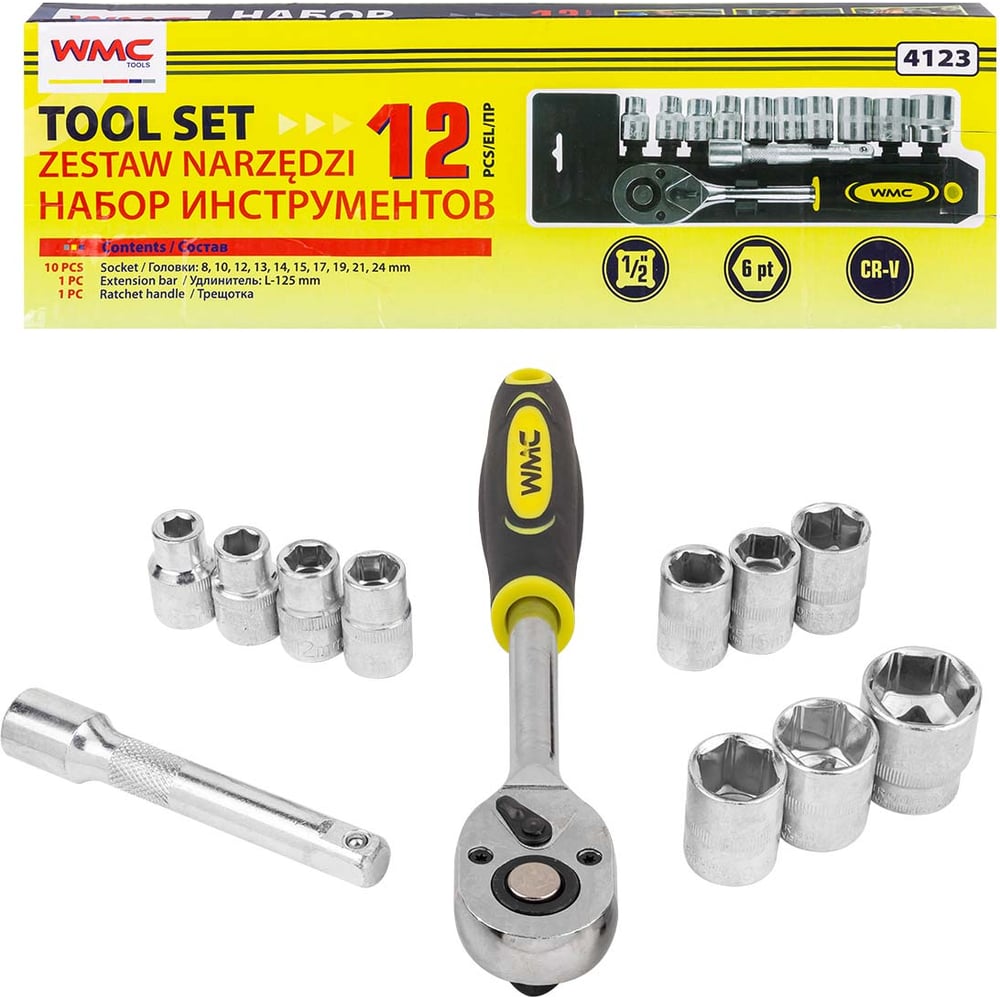 Изображение товара Набор инструментов WMC TOOLS 12 предметов 1/2 дюйма с головками 8-24 мм