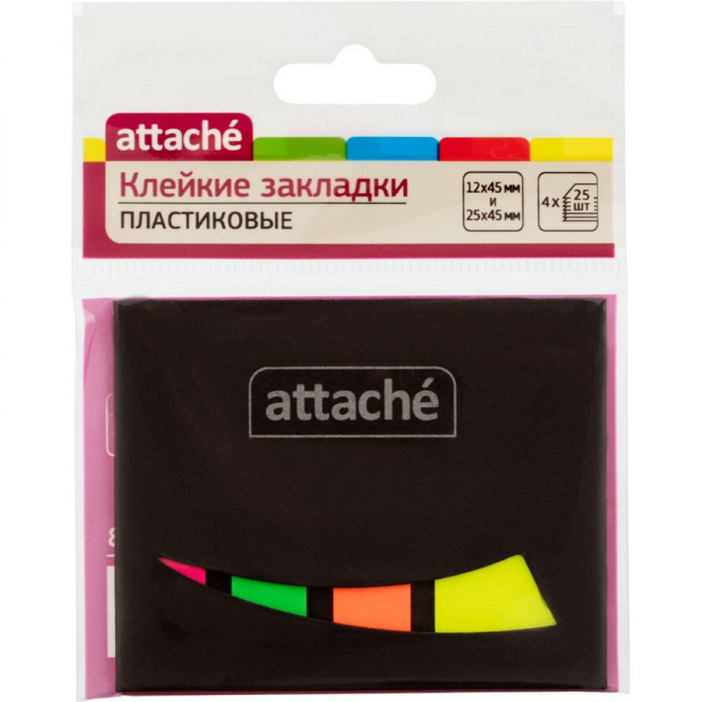 Купить Пластиковые клейкие закладки Attache, 874308, зеленый, желтый, оранжевый, розовый, пластик
