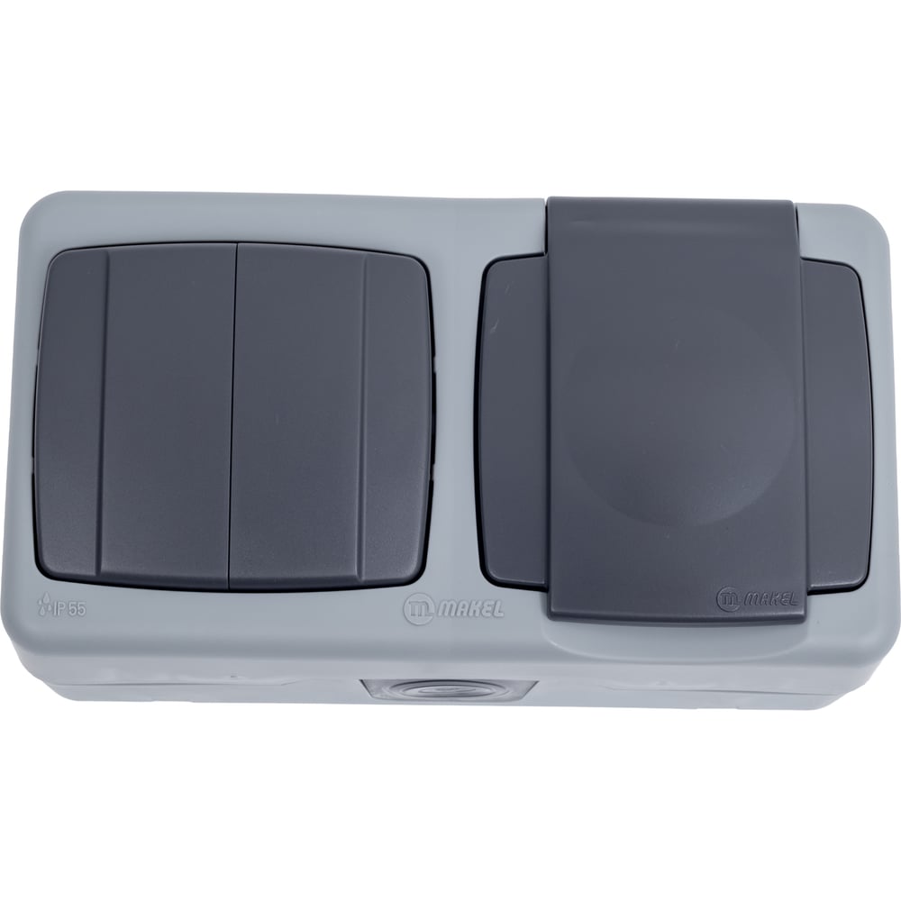 Изображение товара Двухклавишный выключатель с розеткой IP55 MAKEL влагозащищенный серый