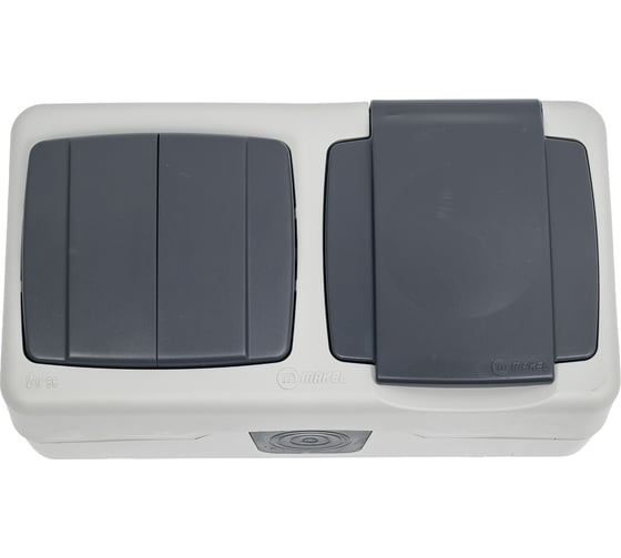 Изображение товара Выключатель двухклавишный + розетка с крышкой MAKEL влагозащищенная серия IP 55 серая 36064203