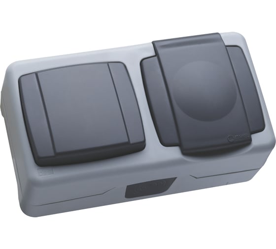 Изображение товара Выключатель одноклавишный + розетка с крышкой MAKEL с погружным зажимом влагозащищенная серия IP 55 серая 36064207